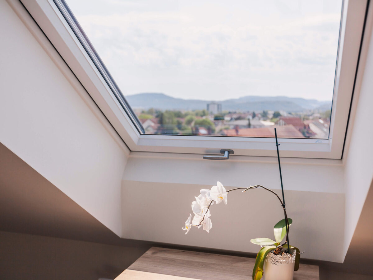 Sonne Nollingen_Penthouse_01 Blick aus einem Dachfenster auf eine Stadtlandschaft mit Bergen im Hintergrund. Auf der Fensterbank steht eine weisse Orchidee in einem Topf, durch das Fenster fällt Tageslicht in den Raum.