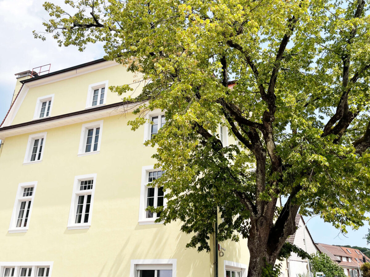 Sonne Nollingen_aussen_01 Aussenansicht eines gelben Gebäudes mit weissen Fensterrahmen, umgeben von grossen, grünen Bäumen. Im Hintergrund sind weitere Häuser und blauer Himmel zu sehen.
