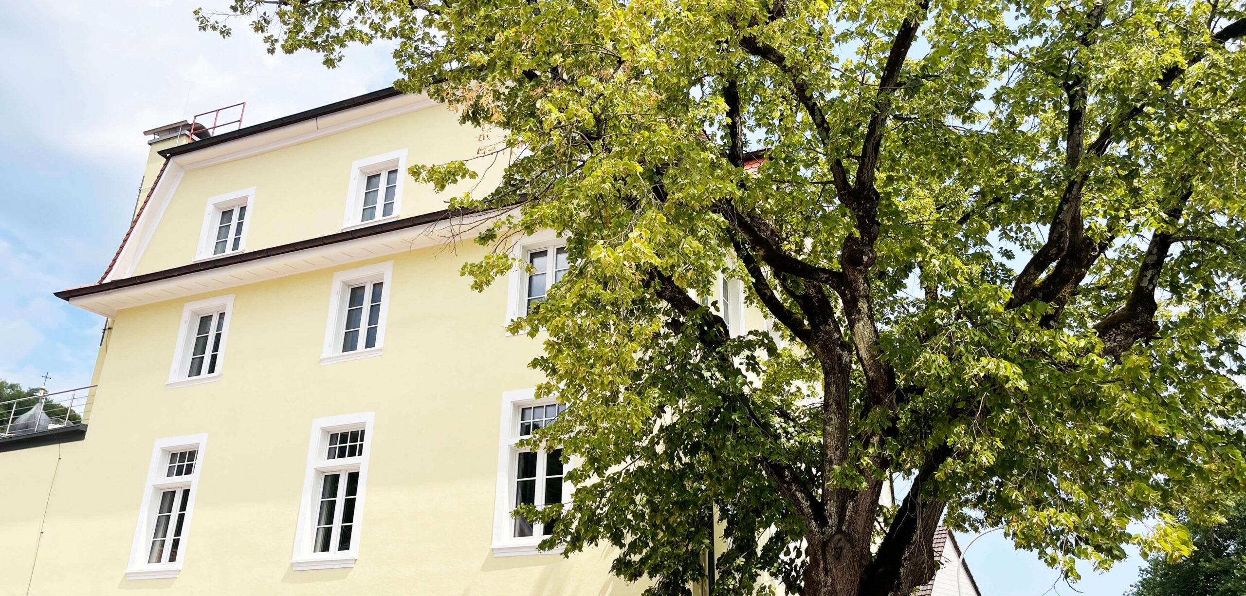 Aussenansicht eines gelben Gebäudes mit weissen Fensterrahmen, umgeben von grossen, grünen Bäumen. Im Hintergrund sind weitere Häuser und blauer Himmel zu sehen.